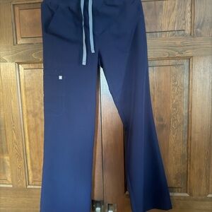 Figs Wide Leg Scrub Pants in Navy with Light Blue Drawstring